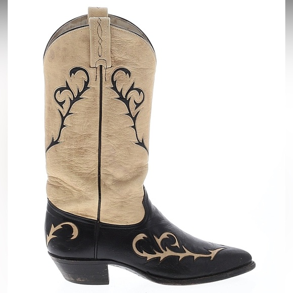 Vintage Tony Lama Western Boots Tan & Black Leather Pull On Cowboy Shoes Sz 7 M - Picture 2 of 11